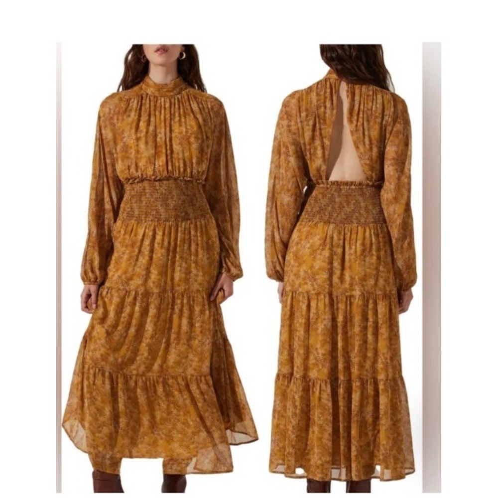 ASTR The Label Maxi‎ Dress Boho Long Sleeved Smocked Waist Retro Peasant Whimsy